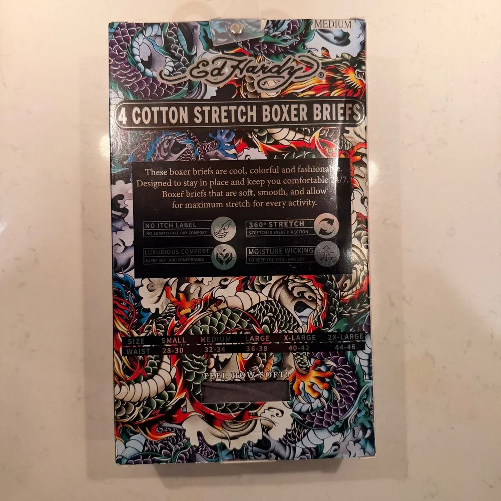 Ed Hardy Cotton Stretch Boxer Briefs 4 Pack (MD 32-34) Soft Skull Dragon Tattoo
